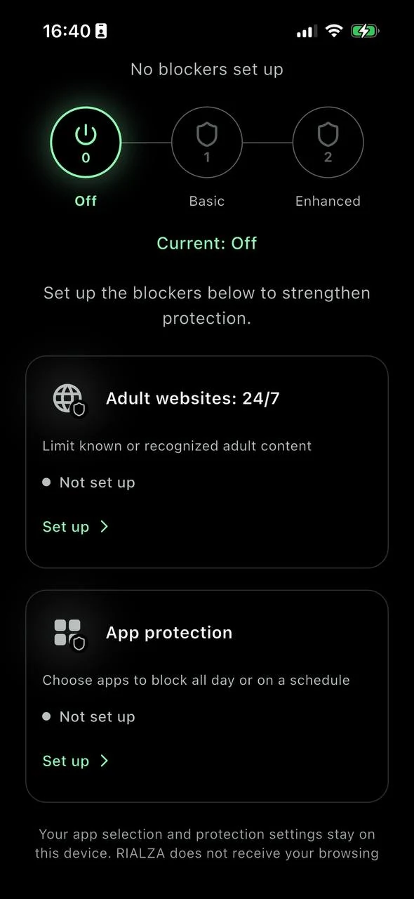 The real RIALZA Protection screen on iPhone